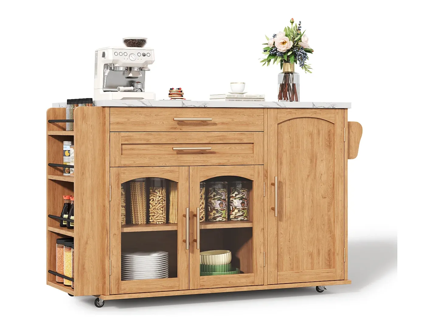 Ilha de cozinha central móvel - mesa de jantar dobrável - con espaço de armazenamento e prateleira para especiarias - con rodas - Natural