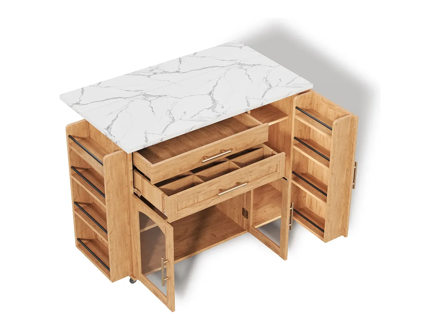 Ilha de cozinha central móvel - mesa de jantar dobrável - con espaço de armazenamento e prateleira para especiarias - con rodas - Natural