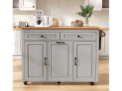 Ilha de cozinha central móvel 120x40x92cm - bancada extensível - con tomada elétrica - espacio de armazenamento multifuncional - cinza