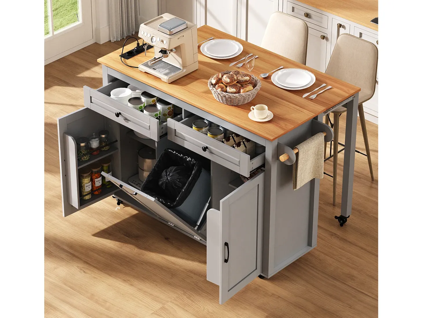 Ilha de cozinha central móvel 120x40x92cm - bancada extensível - con tomada elétrica - espacio de armazenamento multifuncional - cinza