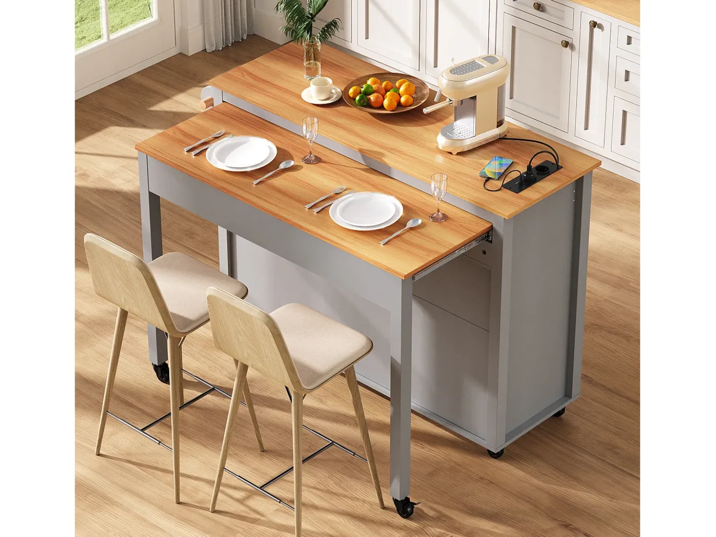Ilha de cozinha central móvel 120x40x92cm - bancada extensível - con tomada elétrica - espacio de armazenamento multifuncional - cinza