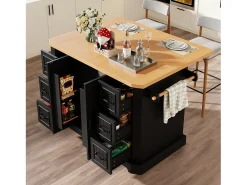 Ilha de cozinha central móvel - Tampo extensível - 120x75x91cm - 2 portas e 6 gavetas - con porta-toalhas - Preto