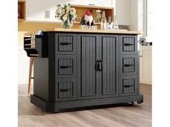 Ilha de cozinha central móvel - Tampo extensível - 120x75x91cm - 2 portas e 6 gavetas - con porta-toalhas - Preto