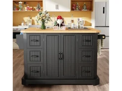 Ilha de cozinha central móvel - Tampo extensível - 120x75x91cm - 2 portas e 6 gavetas - con porta-toalhas - Preto