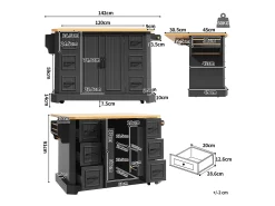 Ilha de cozinha central móvel - Tampo extensível - 120x75x91cm - 2 portas e 6 gavetas - con porta-toalhas - Preto