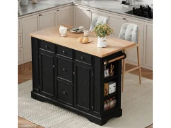 Ilha de cozinha central 130,5x40x92cm - tampo dobrável - con tomada de corrente - con 2 portas e 5 gavetas - preto