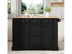 Ilha de cozinha central 130,5x40x92cm - tampo dobrável - con tomada de corrente - con 2 portas e 5 gavetas - preto