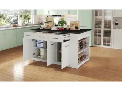 Ilha de cozinha central 150x90x90 cm - com mesa de jantar retrátil - textura de mármore - com amplo espaço de armazenamento - Preto + Branco