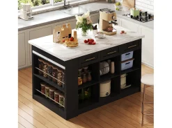 Ilha de cozinha central 150x90x90 cm - com mesa de jantar retrátil - textura de mármore - com amplo espaço de armazenamento - Preto + Branco
