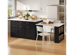 Ilha de cozinha central 150x90x90 cm - com mesa de jantar retrátil - textura de mármore - com amplo espaço de armazenamento - Preto + Branco
