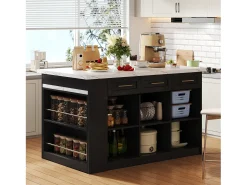Ilha de cozinha central 150x90x90 cm - com mesa de jantar retrátil - textura de mármore - com amplo espaço de armazenamento - Preto + Branco