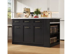 Ilha de cozinha central 150x90x90 cm - com mesa de jantar retrátil - textura de mármore - com amplo espaço de armazenamento - Preto + Branco