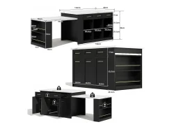 Ilha de cozinha central 150x90x90 cm - com mesa de jantar retrátil - textura de mármore - com amplo espaço de armazenamento - Preto + Branco