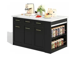 Ilha de cozinha central 150x90x90 cm - com mesa de jantar retrátil - textura de mármore - com amplo espaço de armazenamento - Preto + Branco