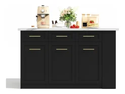 Ilha de cozinha central 150x90x90 cm - com mesa de jantar retrátil - textura de mármore - com amplo espaço de armazenamento - Preto + Branco