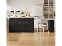 Ilha de cozinha central 150x90x90 cm - com mesa de jantar retrátil - textura de mármore - com amplo espaço de armazenamento - Preto + Branco