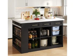 Ilha de cozinha central 150x90x90 cm - com mesa de jantar retrátil - textura de mármore - com amplo espaço de armazenamento - Preto + Branco