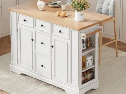 Ilha de cozinha central 130,5x40x92cm - tampo dobrável - con tomada de corrente - con 2 portas e 5 gavetas - branco