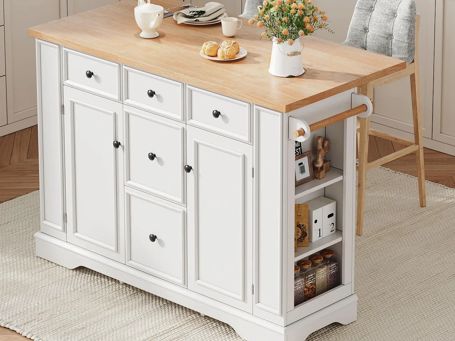 Ilha de cozinha central 130,5x40x92cm - tampo dobrável - con tomada de corrente - con 2 portas e 5 gavetas - branco