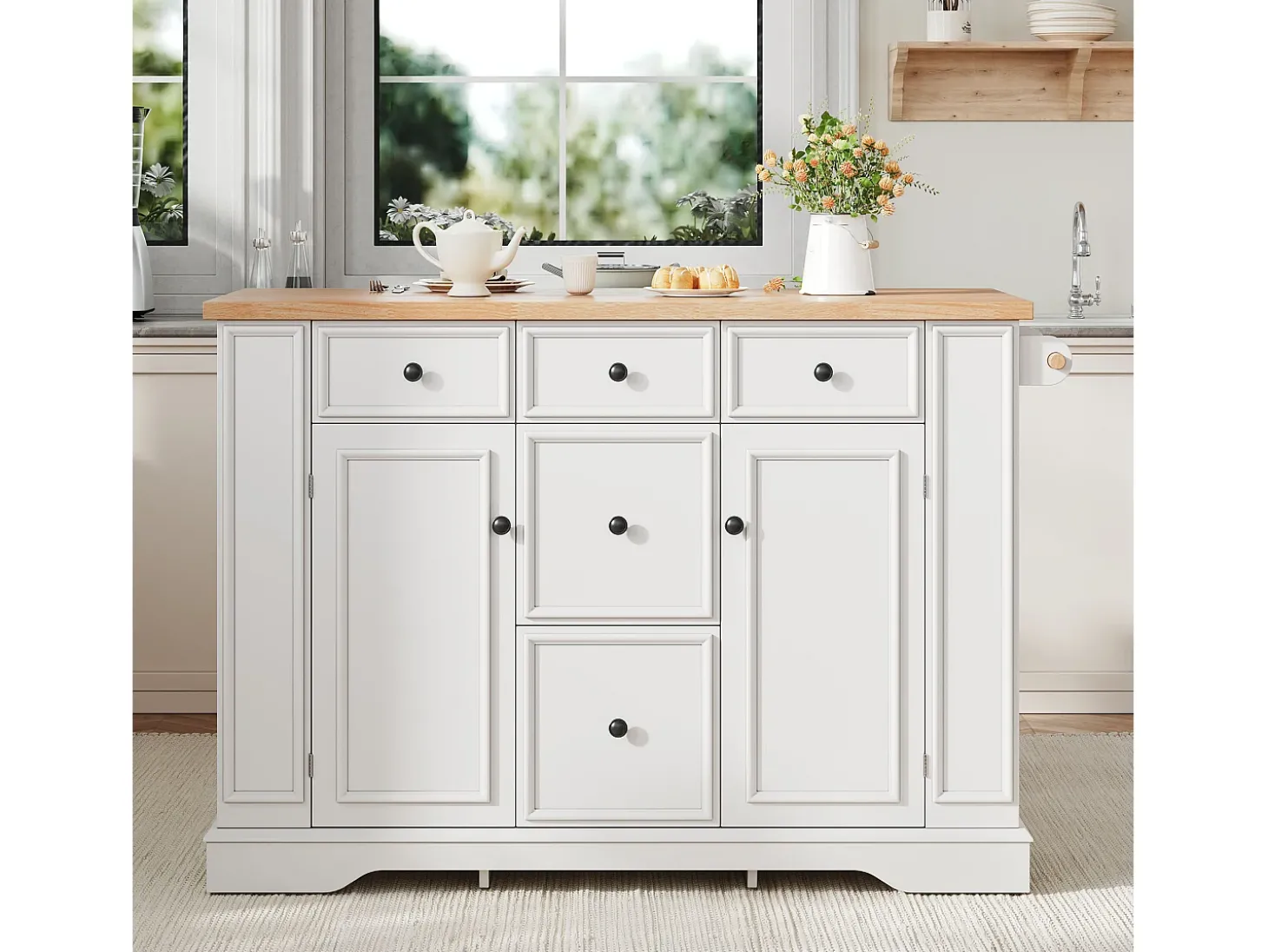 Ilha de cozinha central 130,5x40x92cm - tampo dobrável - con tomada de corrente - con 2 portas e 5 gavetas - branco