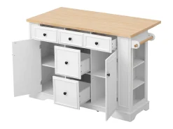 Ilha de cozinha central 130,5x40x92cm - tampo dobrável - con tomada de corrente - con 2 portas e 5 gavetas - branco