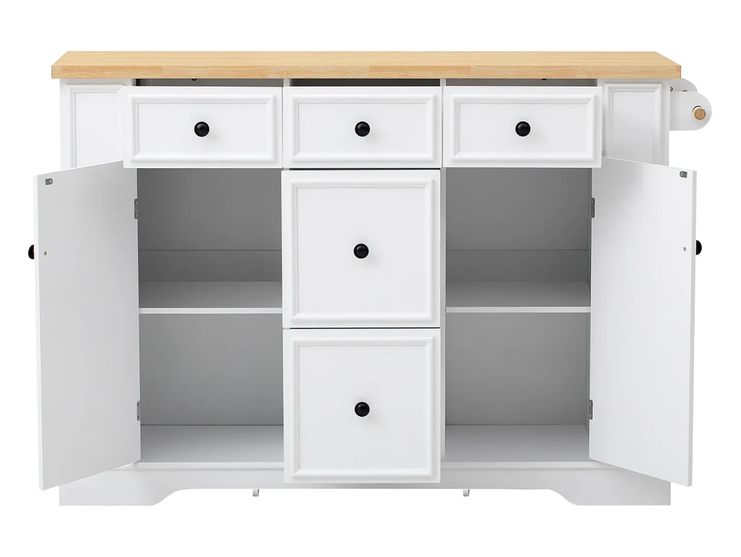 Ilha de cozinha central 130,5x40x92cm - tampo dobrável - con tomada de corrente - con 2 portas e 5 gavetas - branco