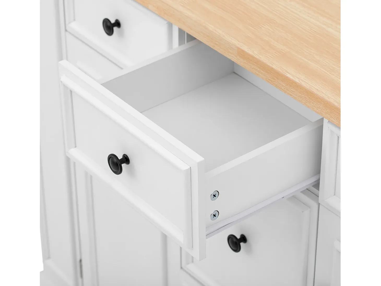 Ilha de cozinha central 130,5x40x92cm - tampo dobrável - con tomada de corrente - con 2 portas e 5 gavetas - branco