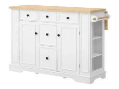 Ilha de cozinha central 130,5x40x92cm - tampo dobrável - con tomada de corrente - con 2 portas e 5 gavetas - branco