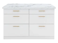 Ilha de cozinha com 6 gavetas em MDF e metal - Efeito mármore branco - ALEGRITA