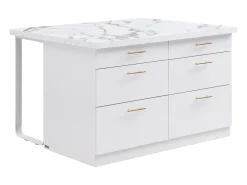 Ilha de cozinha com 6 gavetas em MDF e metal - Efeito mármore branco - ALEGRITA
