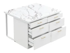Ilha de cozinha com 6 gavetas em MDF e metal - Efeito mármore branco - ALEGRITA