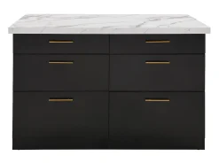 Ilha de cozinha com 6 gavetas MDF e metal preto e efeito mármore branco - ALEGRITA