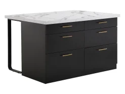 Ilha de cozinha com 6 gavetas MDF e metal preto e efeito mármore branco - ALEGRITA