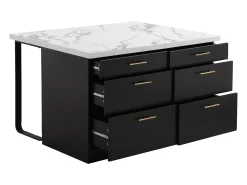Ilha de cozinha com 6 gavetas MDF e metal preto e efeito mármore branco - ALEGRITA