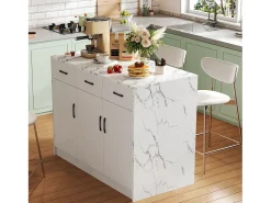 Ilha de cozinha com 3 portas e 3 gavetas - 112 x 60 x 90,5 cm - Tampo efeito mármore - Madeira MDF - Branco