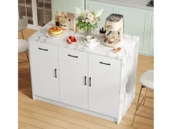 Ilha de cozinha com 3 portas e 3 gavetas - 112 x 60 x 90,5 cm - Tampo efeito mármore - Madeira MDF - Branco