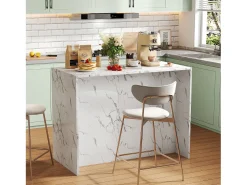 Ilha de cozinha com 3 portas e 3 gavetas - 112 x 60 x 90,5 cm - Tampo efeito mármore - Madeira MDF - Branco