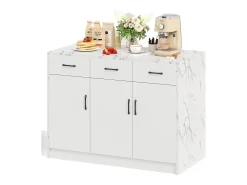 Ilha de cozinha com 3 portas e 3 gavetas - 112 x 60 x 90,5 cm - Tampo efeito mármore - Madeira MDF - Branco