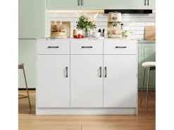 Ilha de cozinha com 3 portas e 3 gavetas - 112 x 60 x 90,5 cm - Tampo efeito mármore - Madeira MDF - Branco