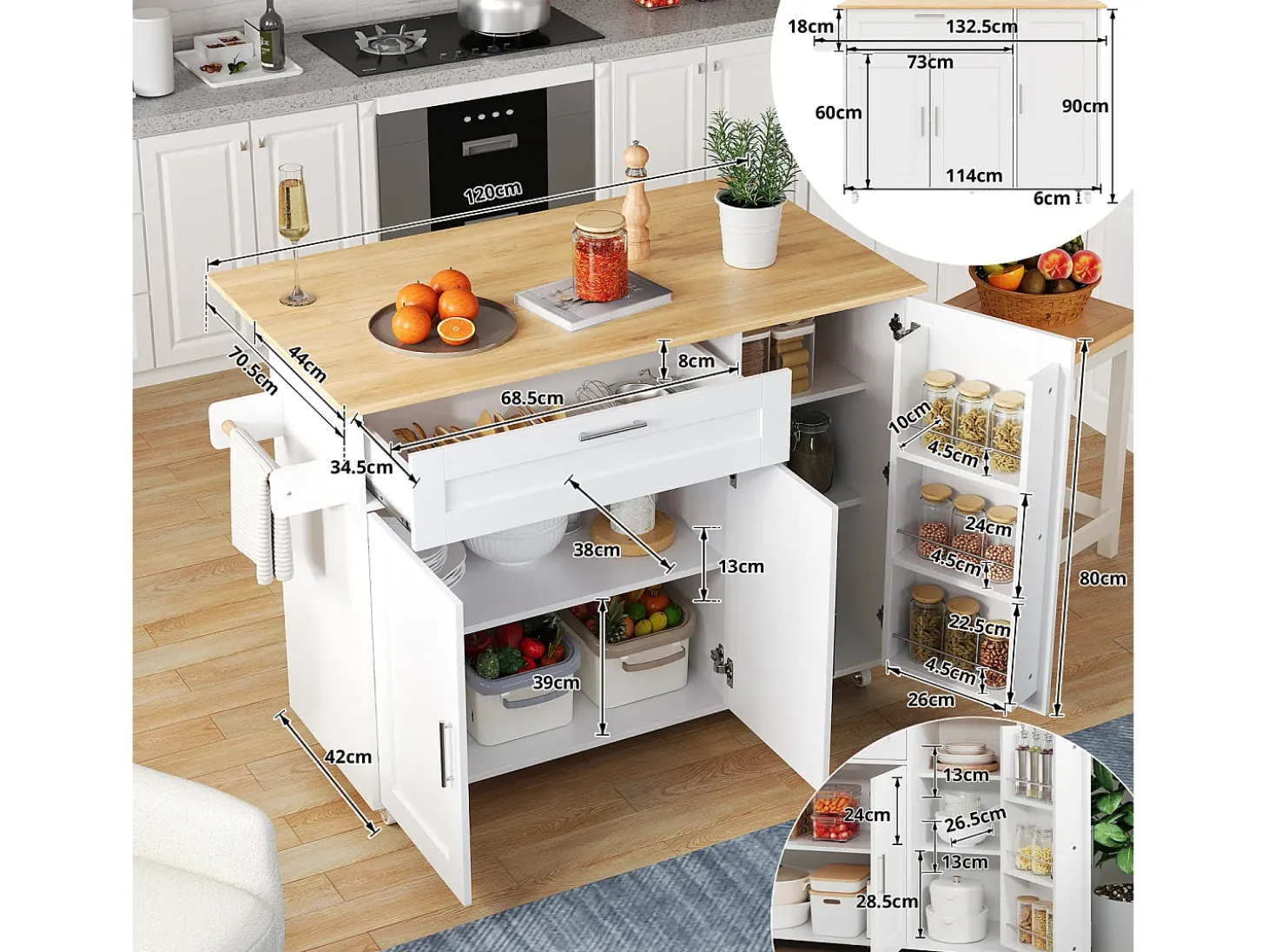 Ilha de cozinha com 3 portas e uma gaveta em MDF - Branco e natural claro