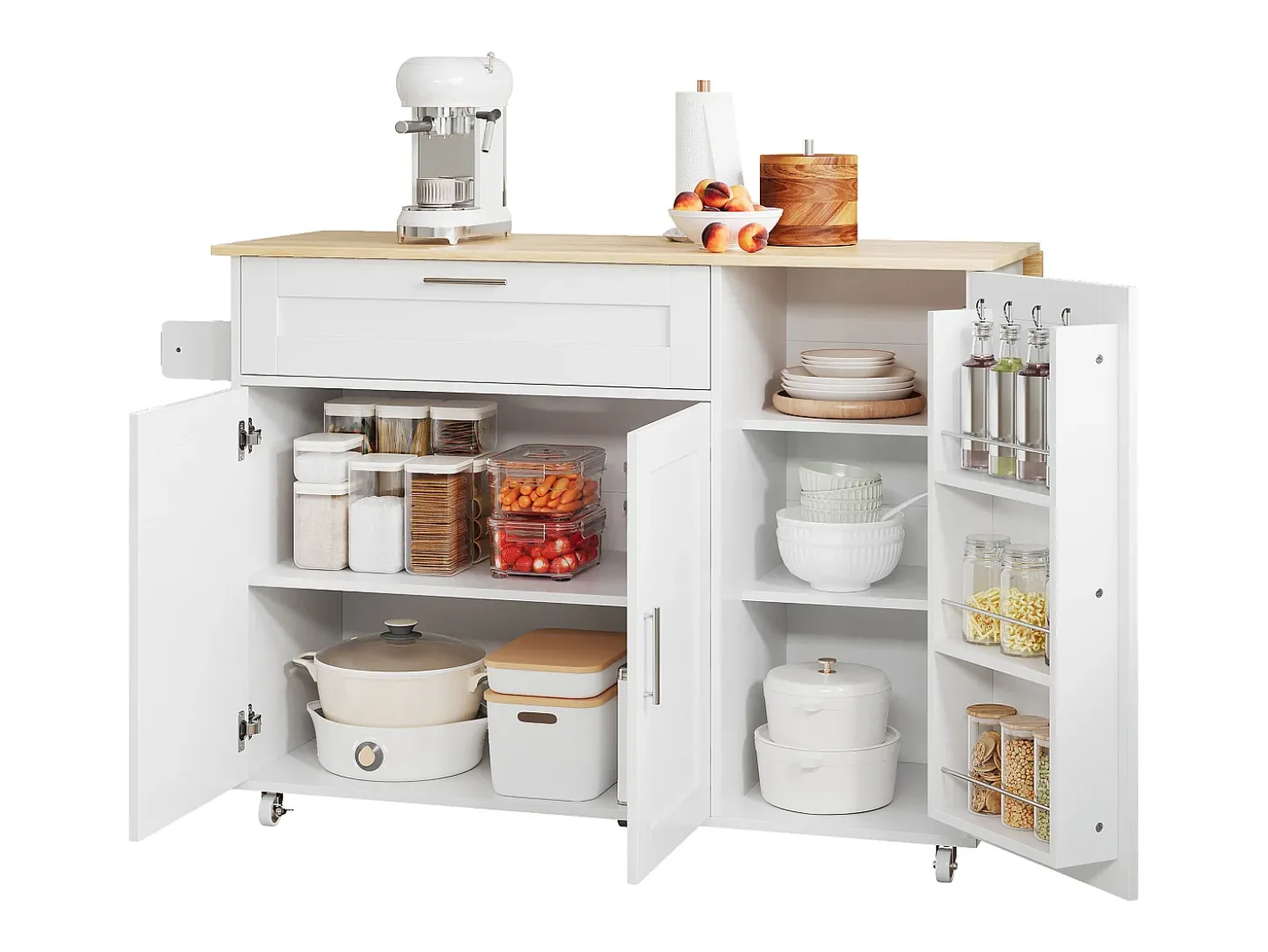 Ilha de cozinha com 3 portas e uma gaveta em MDF - Branco e natural claro