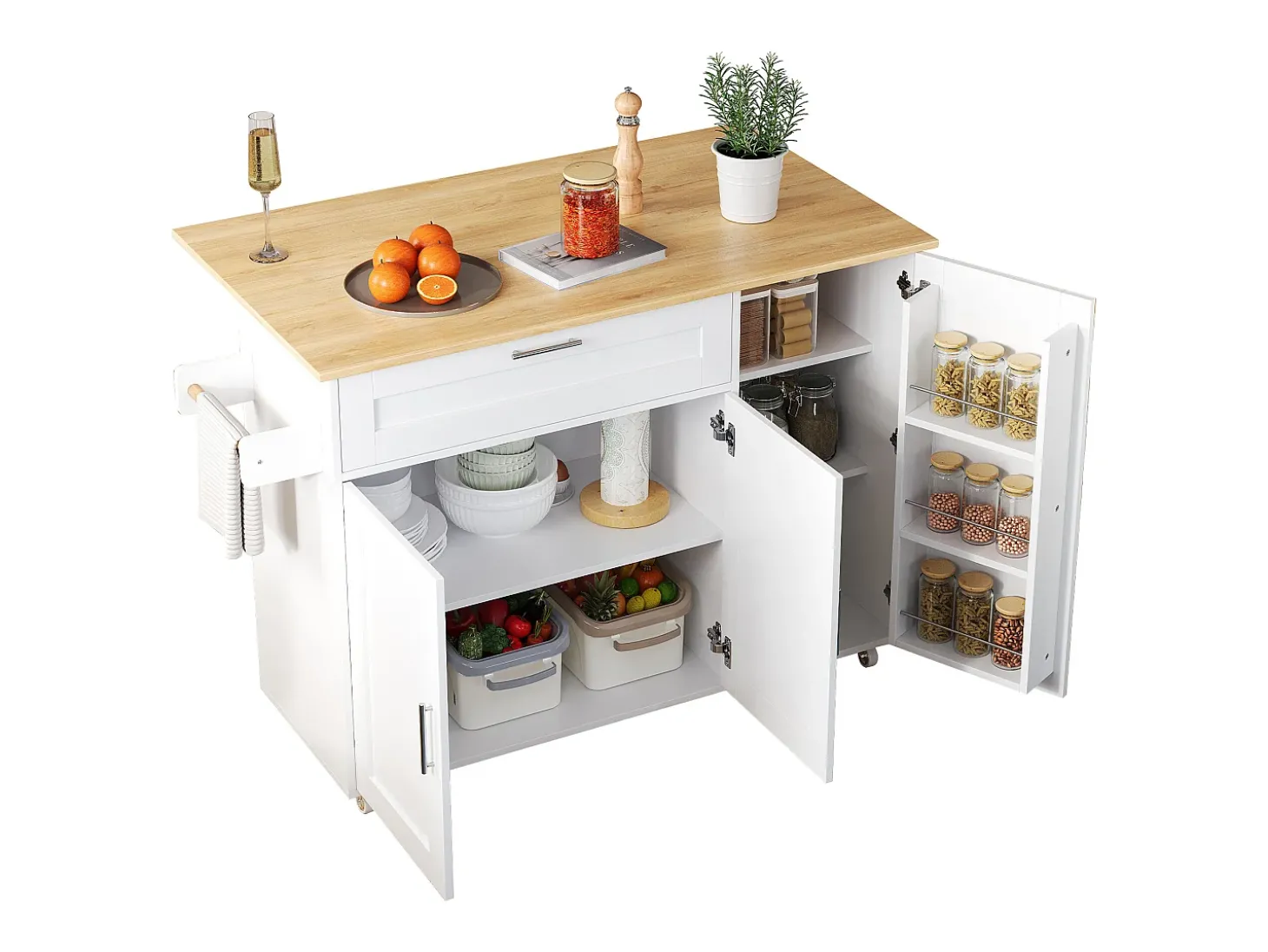 Ilha de cozinha com 3 portas e uma gaveta em MDF - Branco e natural claro