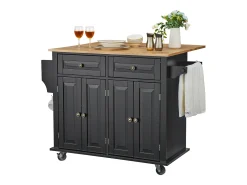Ilha de cozinha com gavetas, móvel de arrumação para cozinha, carrinho com gavetas e prateleiras, 90 cm, preto