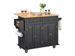 Ilha de cozinha com gavetas, móvel de arrumação para cozinha, carrinho com gavetas e prateleiras, 90 cm, preto
