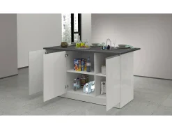 Ilha de cozinha Dcarnelo, Roupeiro multiusos, Móveis de cozinha, Mesa auxiliar, 100% Fabricado em Itália, 155x90h90 cm, Branco brilhante e Ardósia