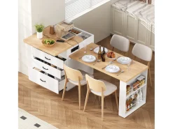 Ilha de cozinha extensível com rodízios - 125,5 x 71 x 93 cm - com porta + gavetas + LEDs - MDF - branca