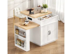 Ilha de cozinha extensível com rodízios - 125,5 x 71 x 93 cm - com porta + gavetas + LEDs - MDF - branca