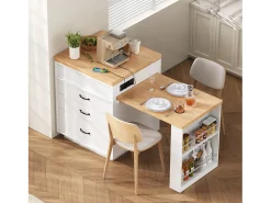 Ilha de cozinha extensível com rodízios - 125,5 x 71 x 93 cm - com porta + gavetas + LEDs - MDF - branca