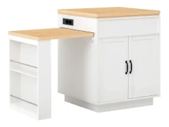 Ilha de cozinha extensível com rodízios - 125,5 x 71 x 93 cm - com porta + gavetas + LEDs - MDF - branca