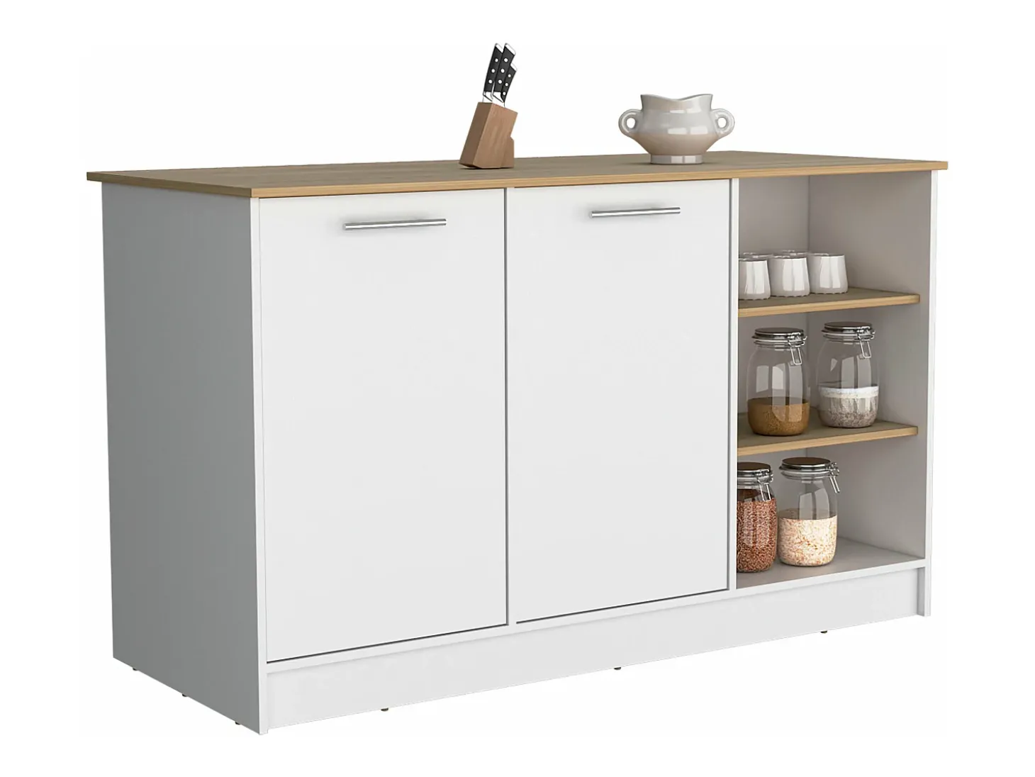Ilha de cozinha Ginger em melamina com 7 prateleiras e 2 portas, multicolor, 90.6 cm X 150 cm X 67 cm